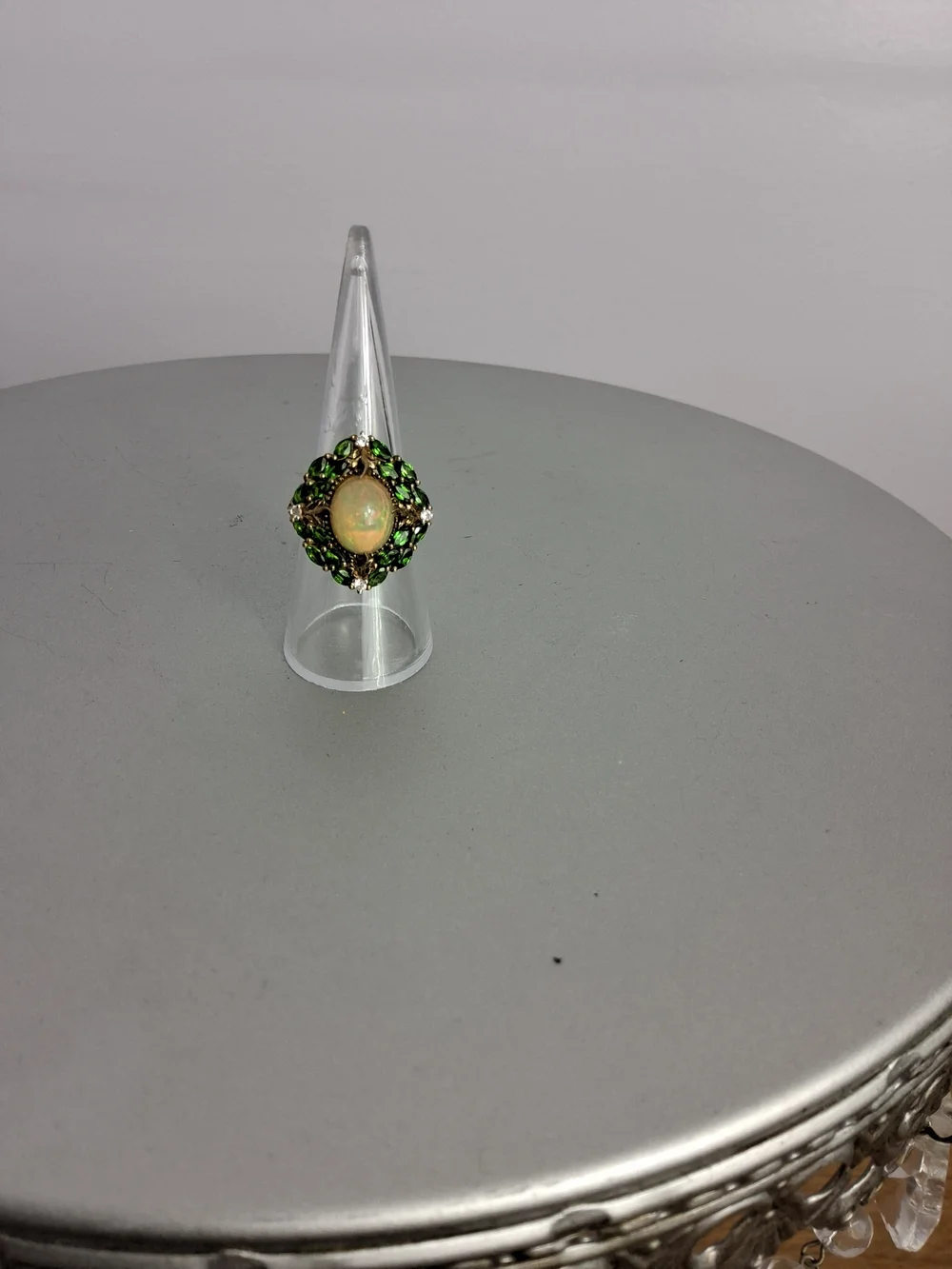 Vermil Over 925Silver Opal Cabochon Statement Ring With Garnets SignedDP Size7.5
